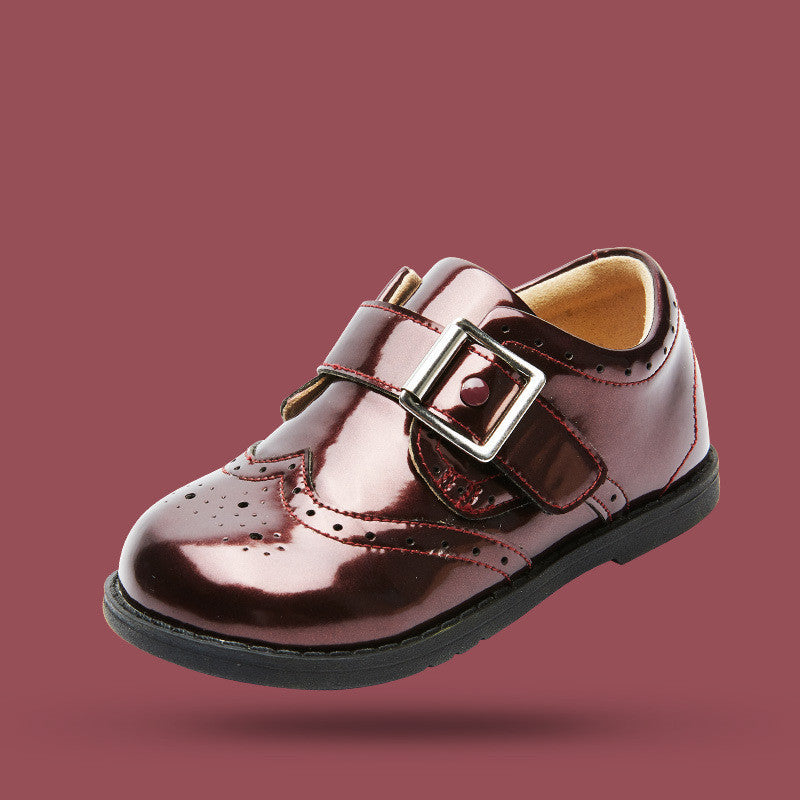 Girls' dark red leather first walker shoes with silver buckle strap and padded collar.