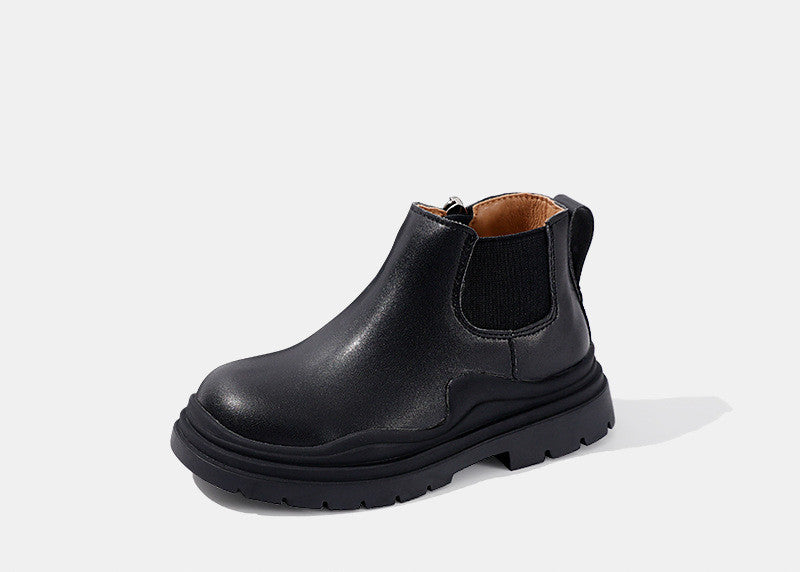 Kids leather Chelsea boots, black with dark tread sole and side elastic