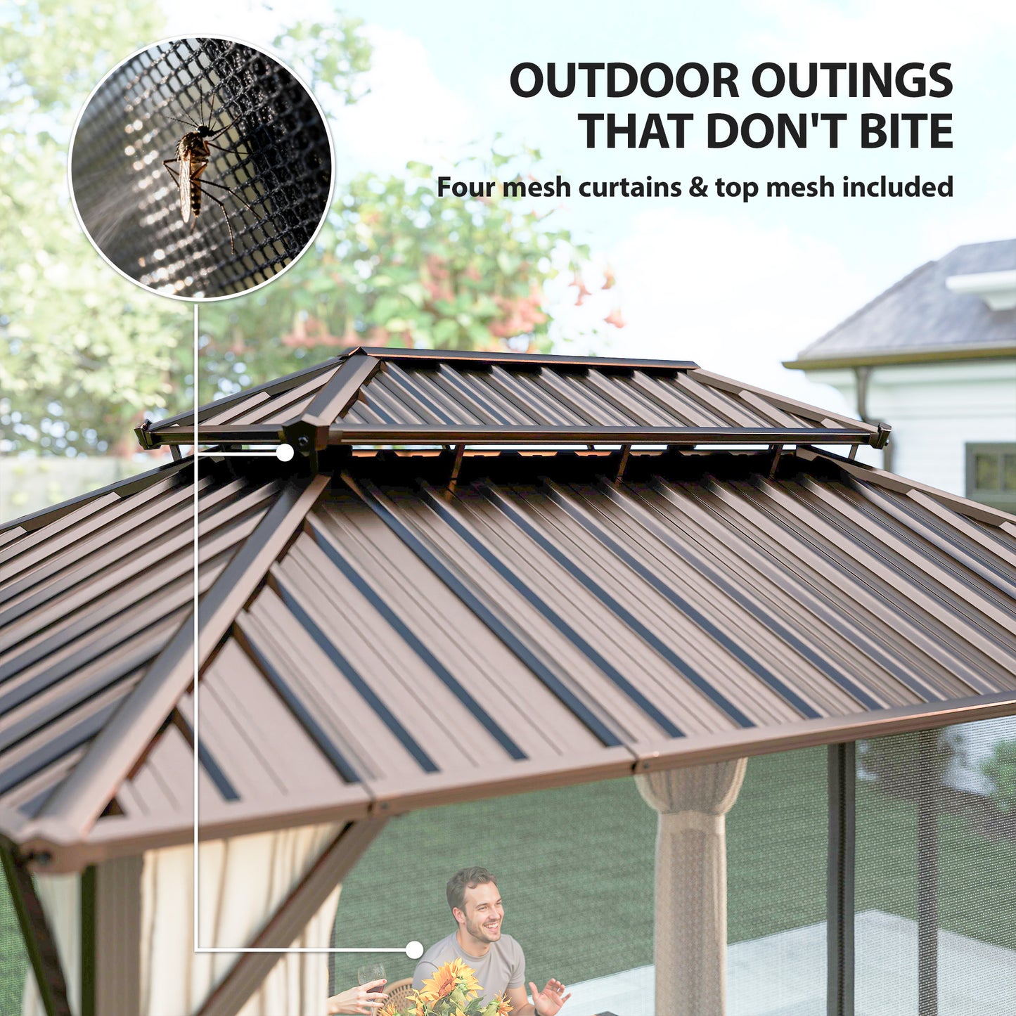 Brown hardtop gazebo roof with mesh curtain panels and open front view