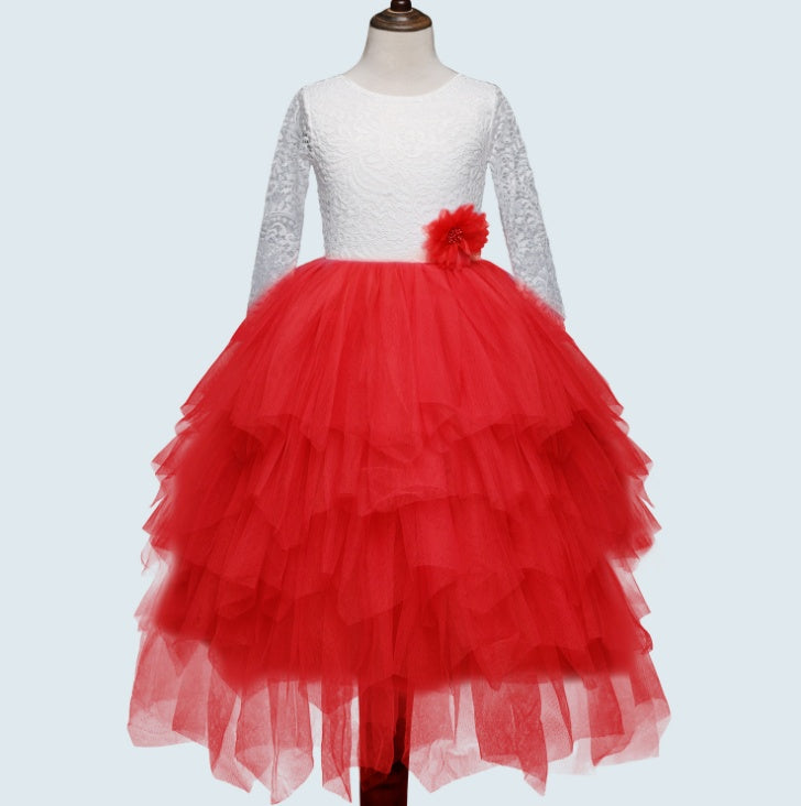 Girls' princess dress with white lace bodice and red tiered tulle skirt, flower at waist