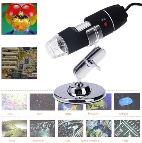 Digital microscope with images of magnified objects on a white background