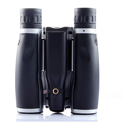 Black binoculars with a carrying case on a white background