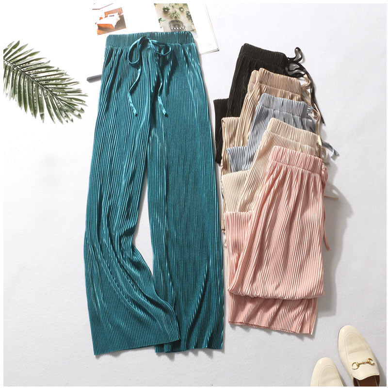 Pleated wide-leg pants trousers high waist vertical spring and summer new loose casual pants chiffon trousers ice silk nine points pants