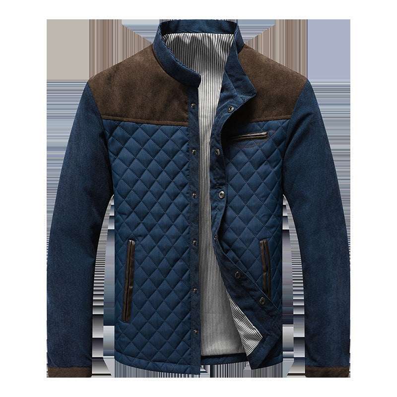 Blue quilted jacket with brown accents on a white background