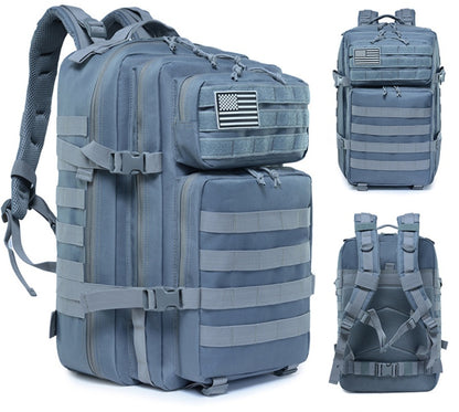 Light blue tactical backpack with front organizer panel and rectangular flag patch