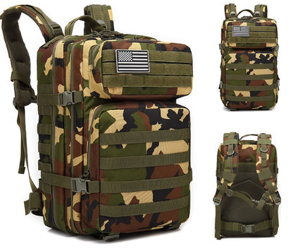 Green camouflage tactical backpack with front organizer, flag patch, and side straps