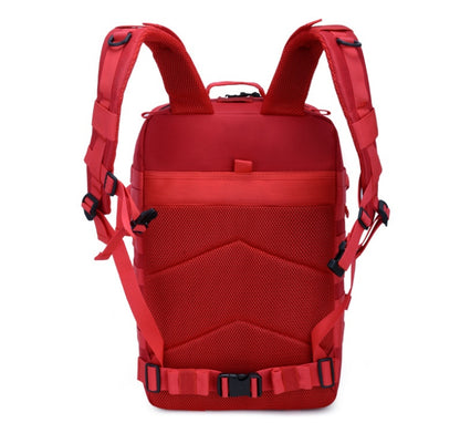 Red tactical backpack with mesh front panel, padded shoulder straps, and front pocket