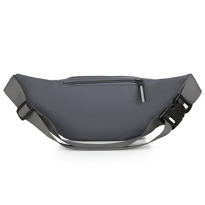 Gray waist bag with top zipper, front panel pocket, and adjustable strap