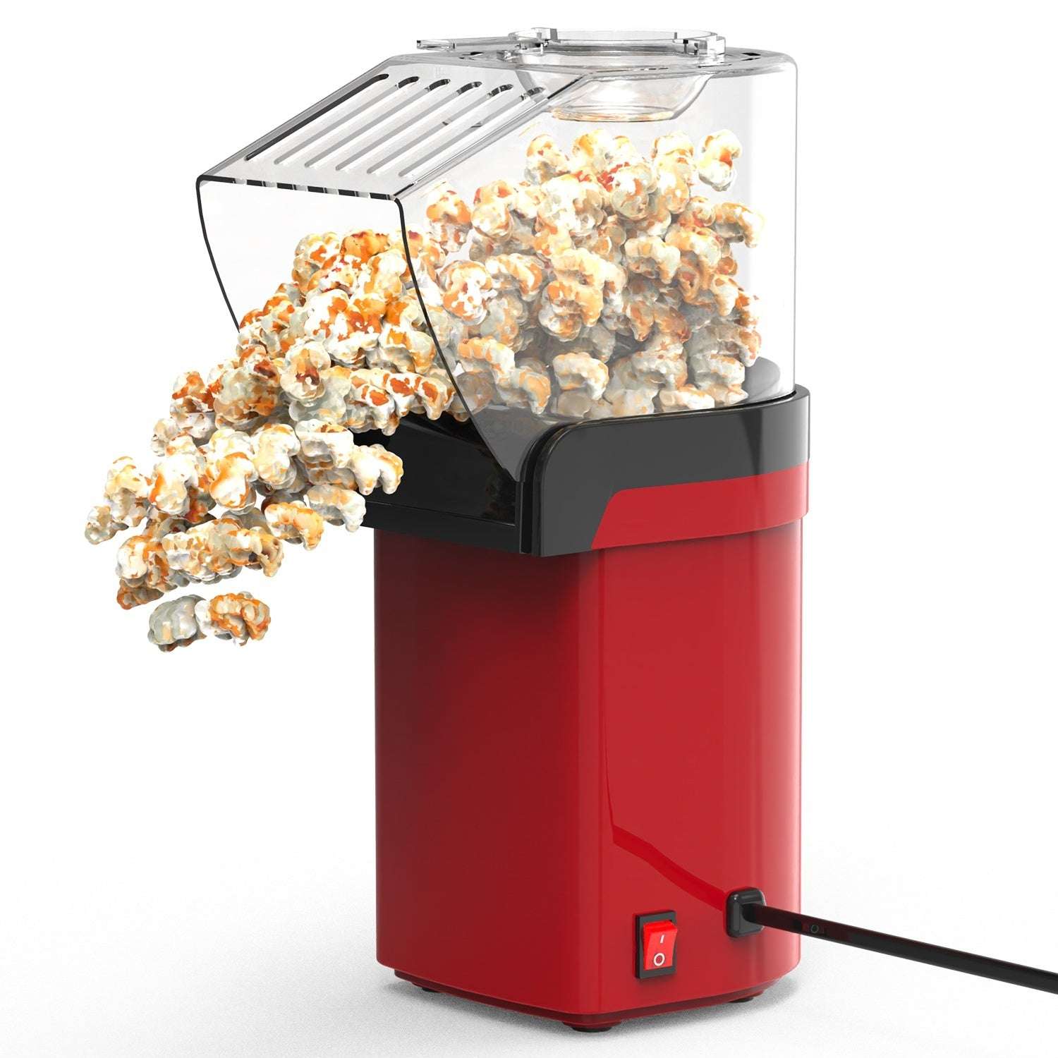 Red popcorn maker with popped popcorn spilling out on a white background
