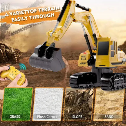 Yellow RC excavator toy with lifting arm and metal bucket, showing black tracks.