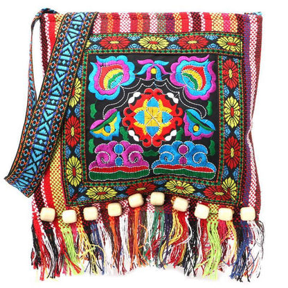 Ethnic style embroidered linen tassel bag