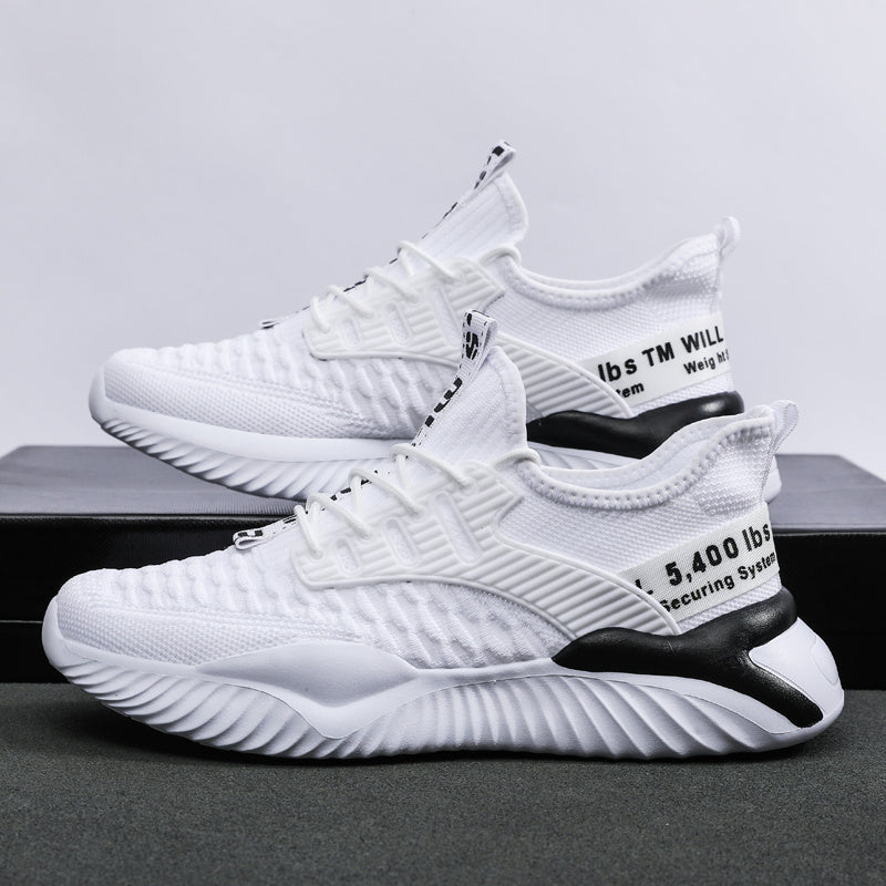 White knit running shoes with black heel stripe and ribbed white sole