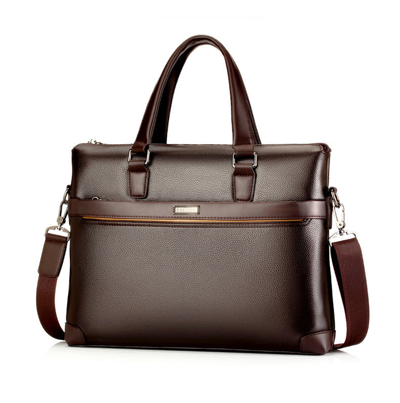 Men's diagonal business handbag, brown leather-look tote with top handles and side straps
