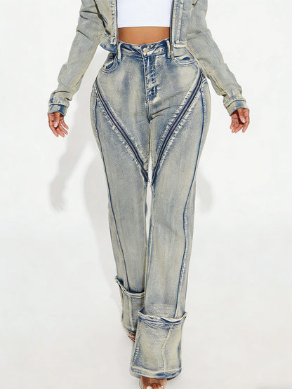 Washed denim pants in light blue with bold contrast seaming and cuffed cuffs