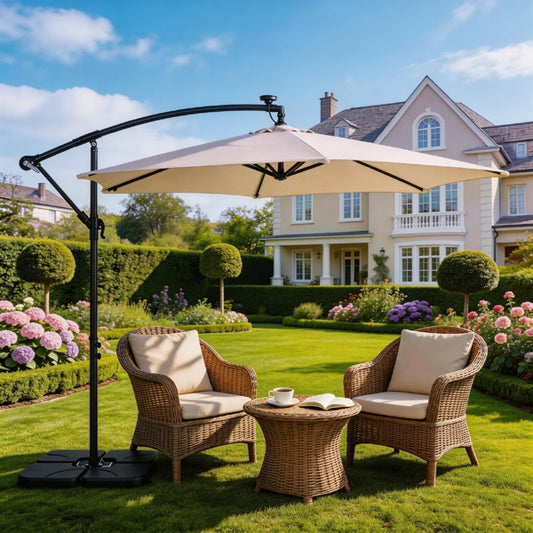 10FT Solar LED Banana Hanging Patio Umbrella - Khaki with Cross Base
