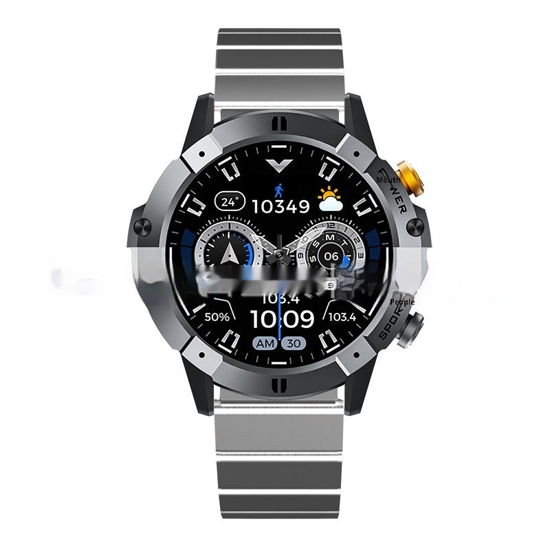 Bluetooth calling smartwatch with dark case and gray striped metal band