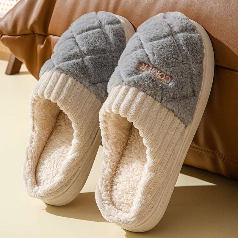 Solid Rhombic Letter Slippers – Warm, Non-Slip Plush for Couples Solid Rhombic Letter Home Slippers Winte | Ectron Online