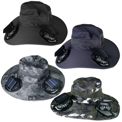 Solar powered sun hat with dual fan vents, black; wide brim and adjustable flap