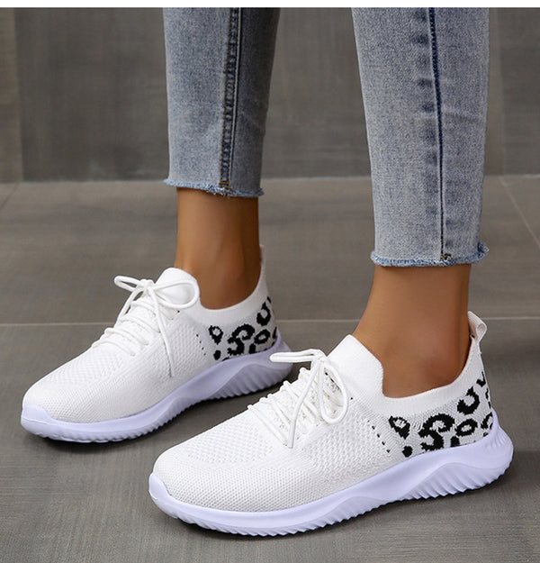 Women’s White Sneakers – Leopard Print Lace-Up Sports Shoes