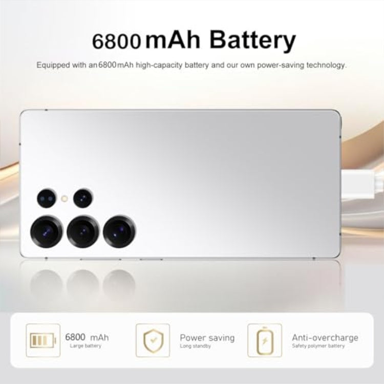 Unlocked smartphone with silver back and quad rear cameras, flat rear panel