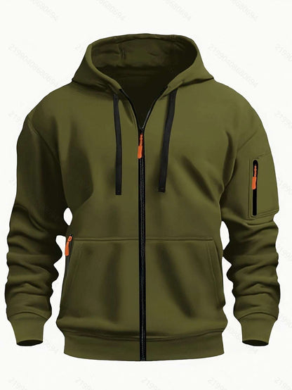 Men's zip-up hooded sweatshirt in olive green with drawstring hood and front zipper