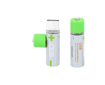 Two USB rechargeable batteries with green tops on a white background