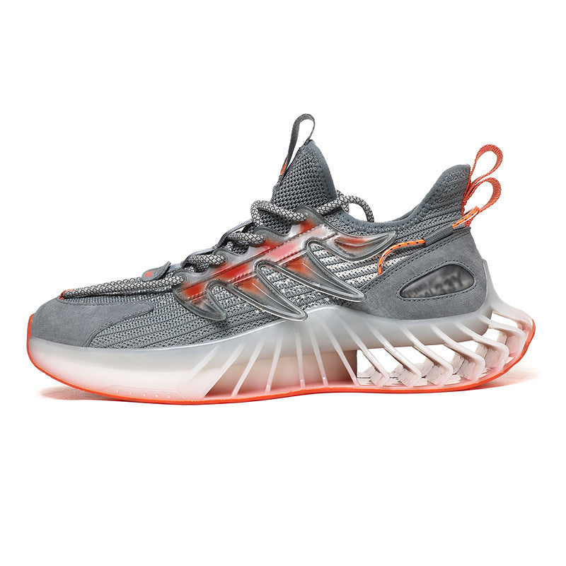 Non-slip sneaker with grey mesh upper, orange lace loop, ridged translucent outsole