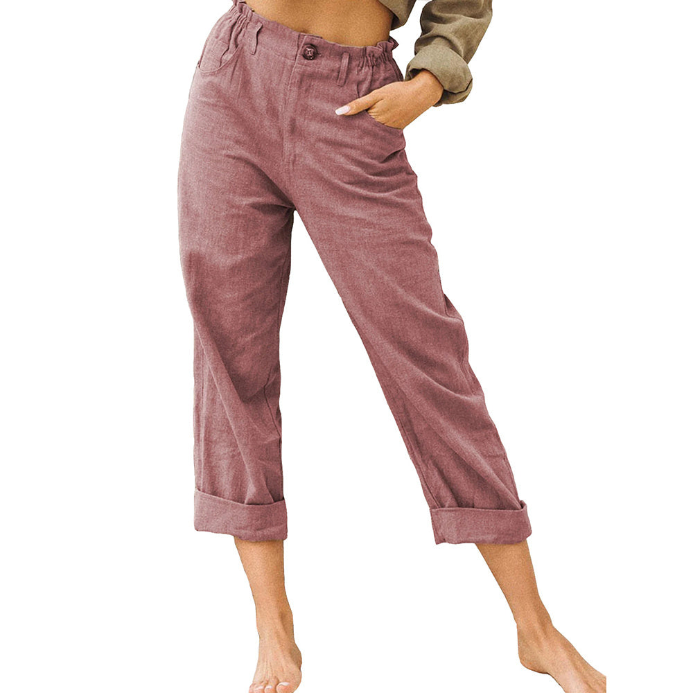 Pure color cotton and linen loose high waist casual trousers