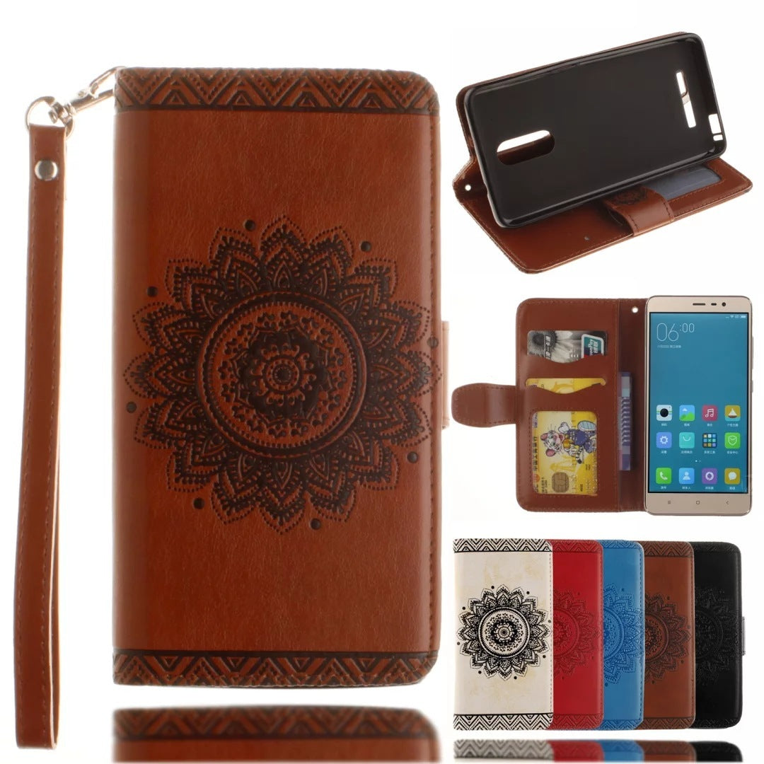 Phone case with wrist strap, brown mandala print, folio wallet cover