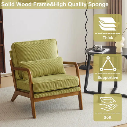 Olive green corduroy lounge chair with solid wood frame and supportive backrest
