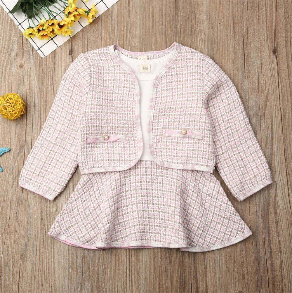 Kids' two-piece textured dress suit, light pink jacket with flared peplum dress