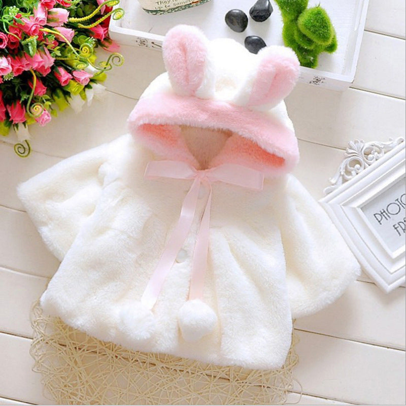 White plush rabbit-ear hood coat with pale bow and pom-pom button details