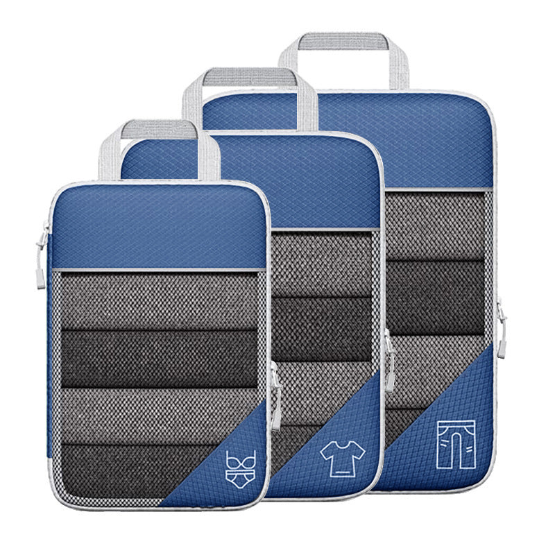 Luggage organizer set with zipper compression bags and shoe bag, blue and gray with icons