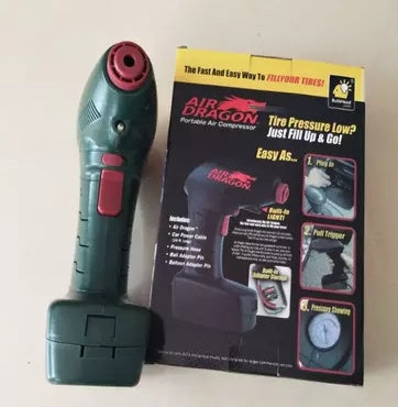 Portable air compressor with packaging on a light background
