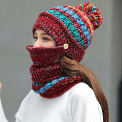 Korean winter knitted hat with multicolor knit beanie, pom-pom, and matching neck gaiter