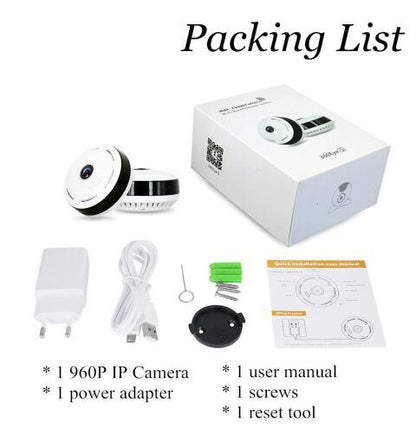 Packing list of a 960P IP camera with accessories on a white background