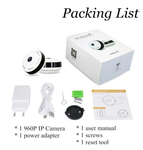 Packing list of a 960P IP camera with accessories on a white background