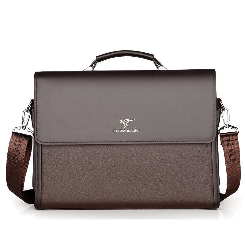Brown leather briefcase with top handle, flap closure, and crossbody straps