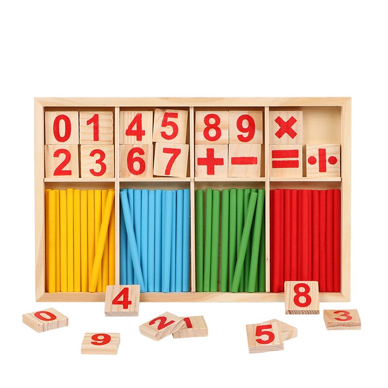 Wooden educational toy with number blocks and colorful sticks 