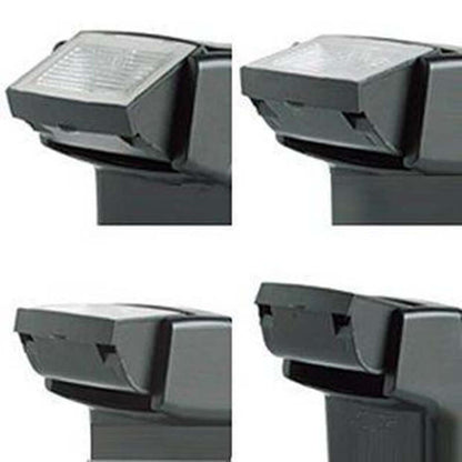 Black flip flash bracket with tilting flash head, shown from multiple angles