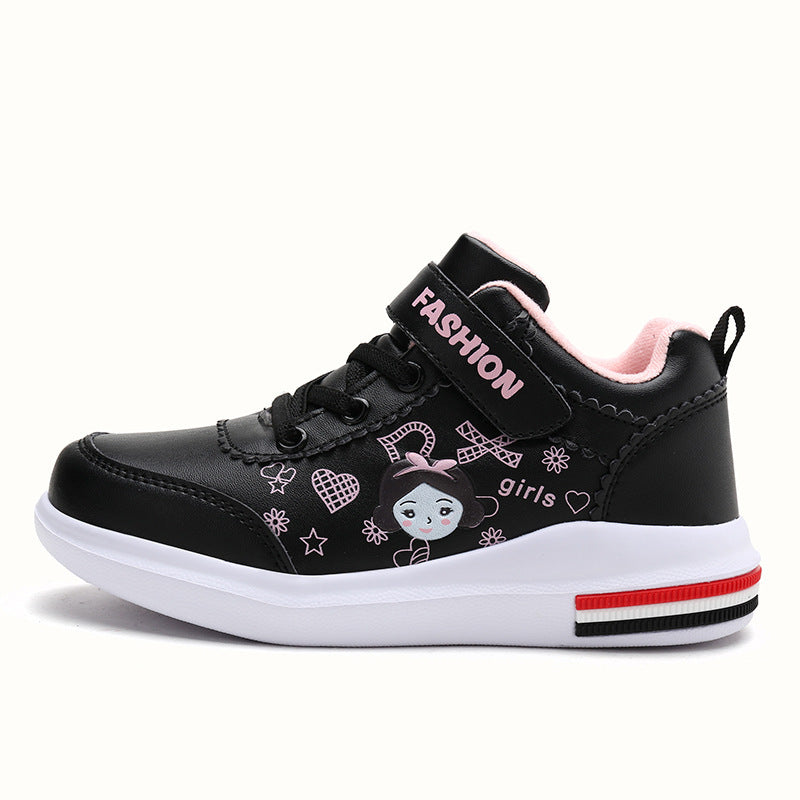 Black girls' fleece-lined high-top sports shoes with pink-trim collar and graphic pattern