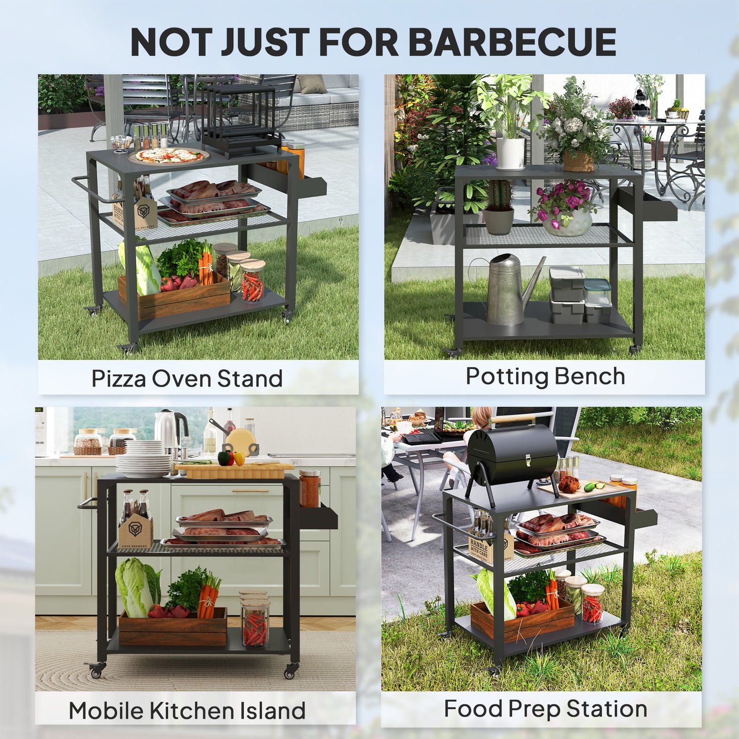 Black 3-tier mobile kitchen cart with side prep shelf and casters