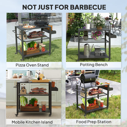 Black 3-tier mobile kitchen cart with side prep shelf and casters