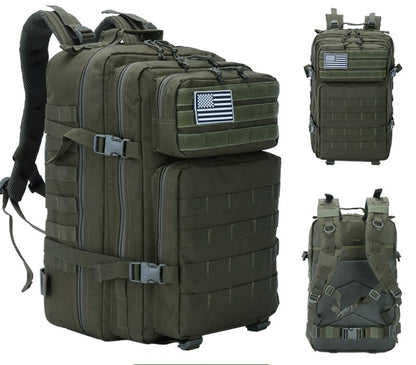 Military green tactical backpack with MOLLE webbing, front zipper, and padded straps