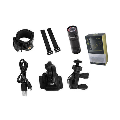 Collection of black bike accessories including lights, mounts, and a box on a white background