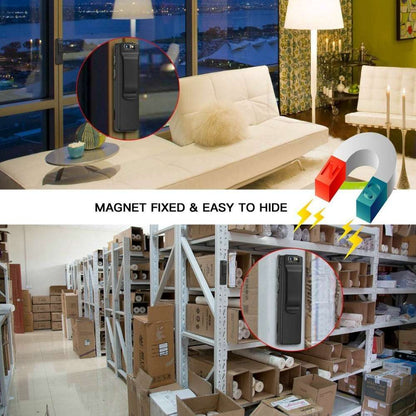 Product with magnet feature shown in a living room and warehouse setting.