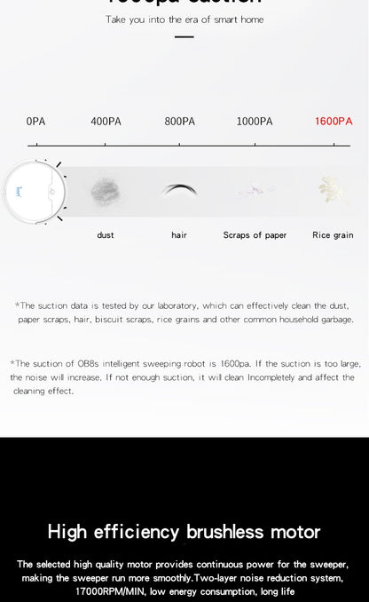Suction power measurement chart for a smart home device with labels for dust, hair, scraps of paper, and rice grain.