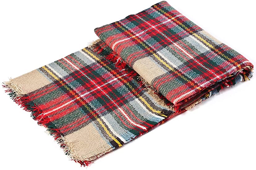Folded plaid scarf with fringed edges, gray, red, and beige check pattern