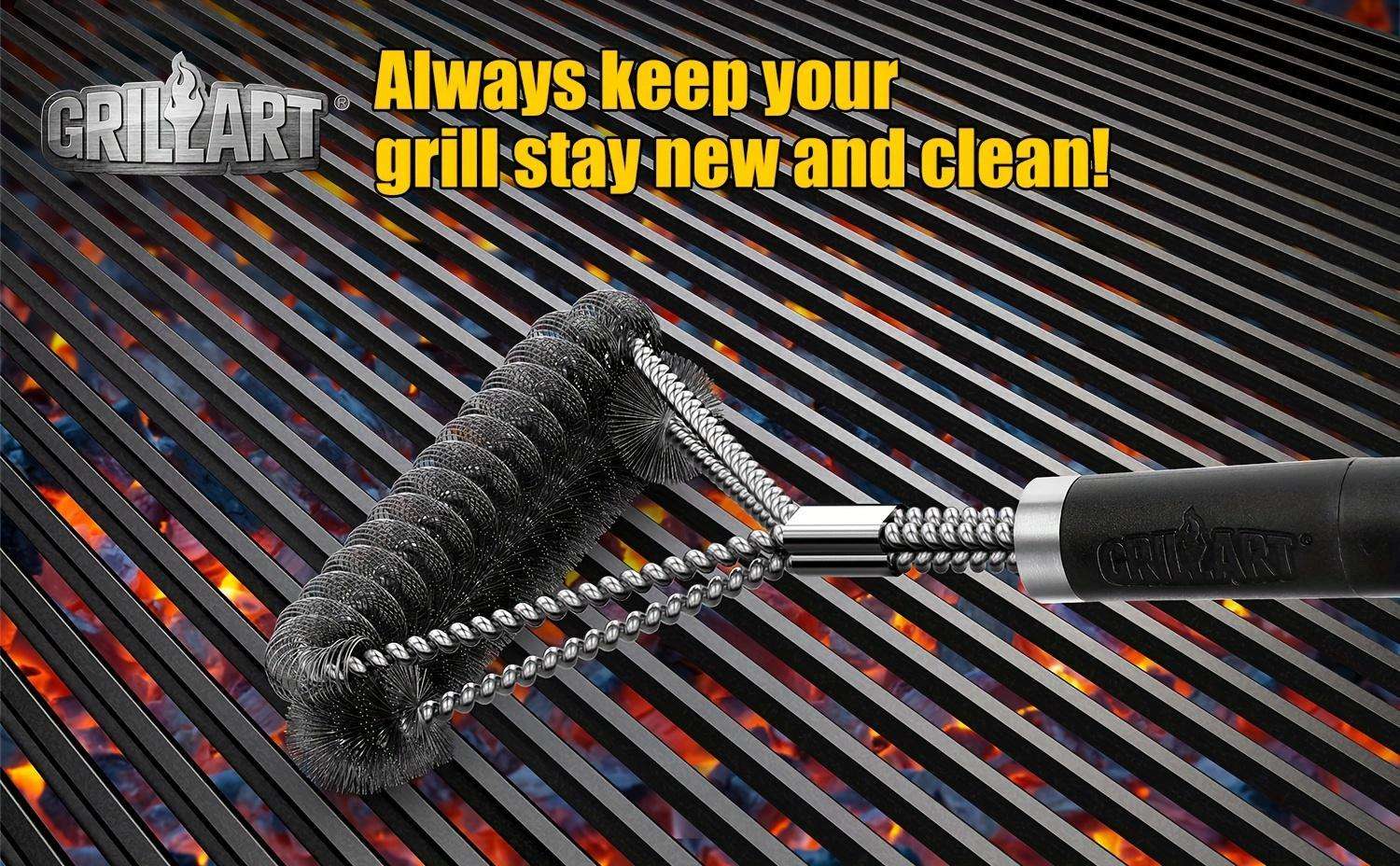 Grill cleaning brush on a grill with text 'Always keep your grill stay new and clean!' and 'GRILLART' logo.