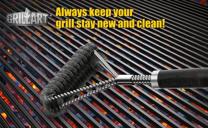Grill cleaning brush on a grill with text 'Always keep your grill stay new and clean!' and 'GRILLART' logo.